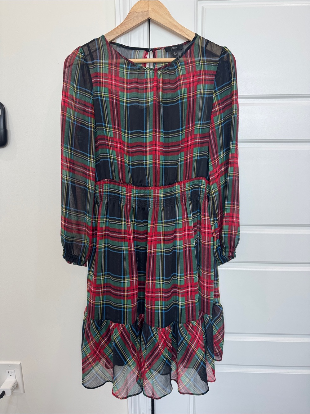 J. Crew Women’s Holiday Christmas Plaid Dress Dully Lined Sheer Overlay, Medium